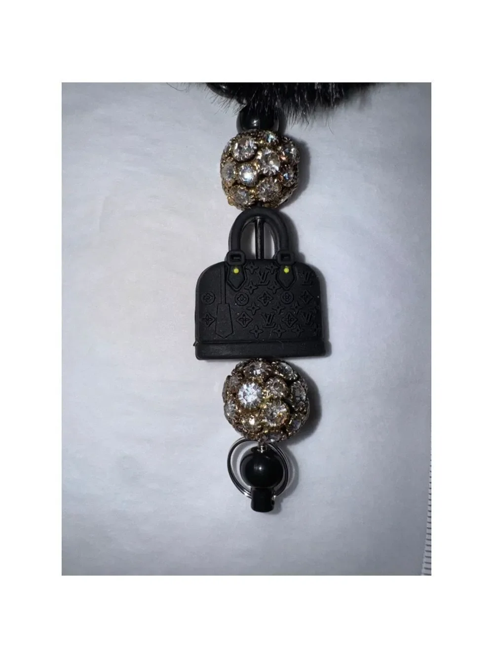 Luxury Inspired Faux Fur Pom Pom Bag Charm Keychain Purse Charm Black Red